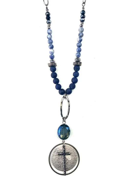 Blue Beaded Necklace With Cross/Metal Pendant