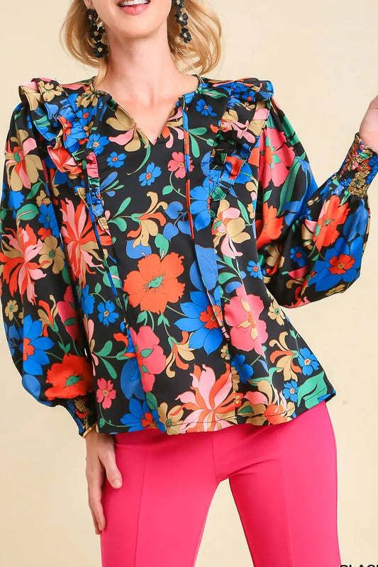 Floral Ruffle V-Neck Blouse – Black Mix