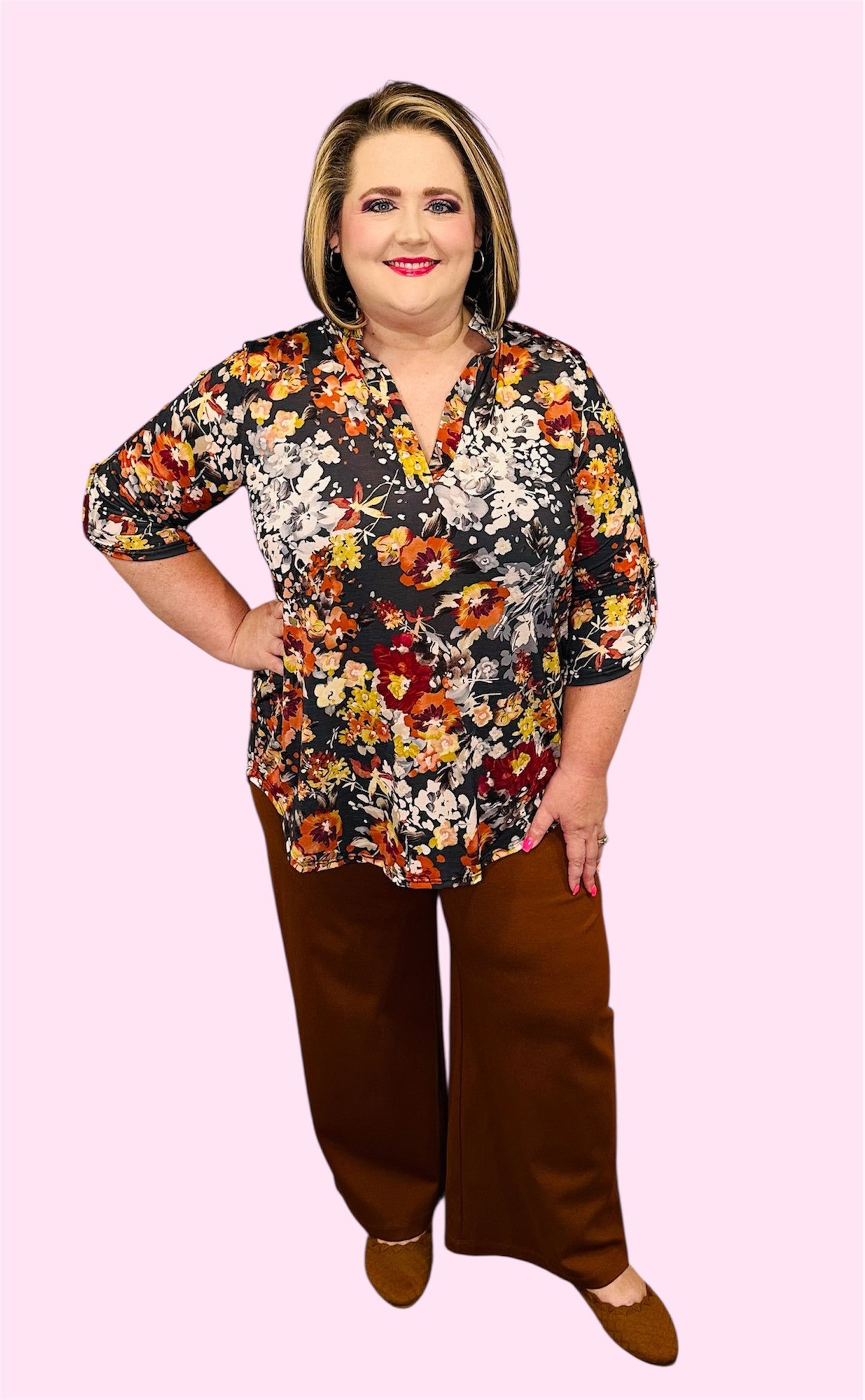 Autumn Bloom Roll-Up Sleeve Top