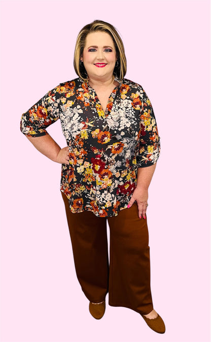 Autumn Bloom Roll-Up Sleeve Top