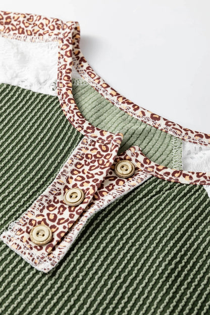 Olive Ribbed Lace Sleeve Henley Top