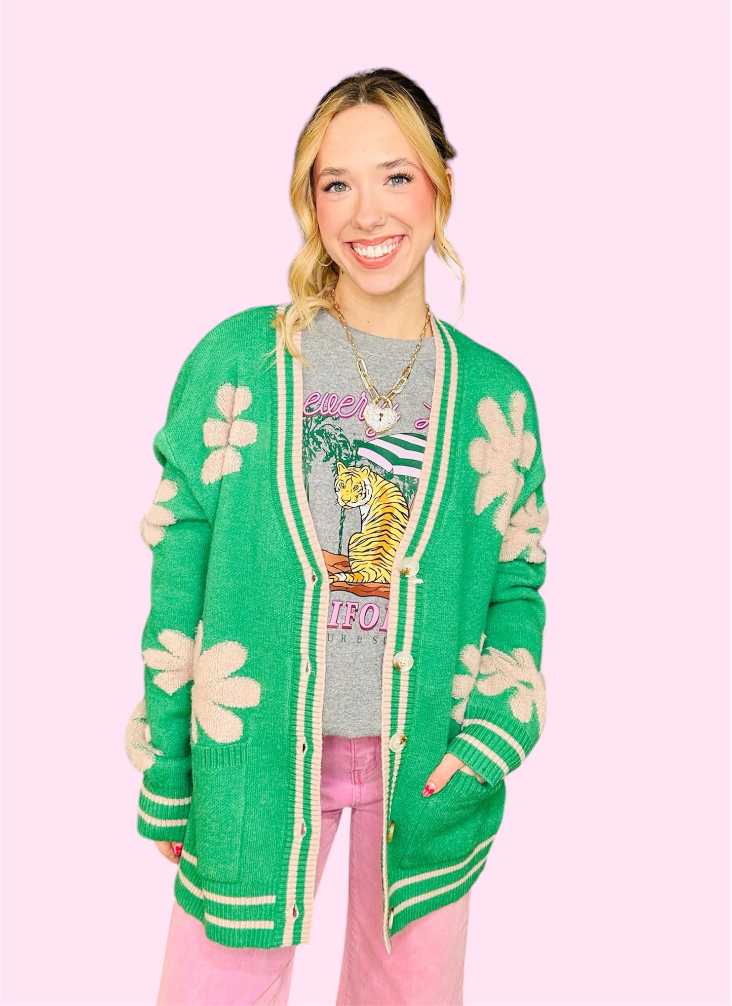 Green Flower Button Cardigan w/Stripe Border