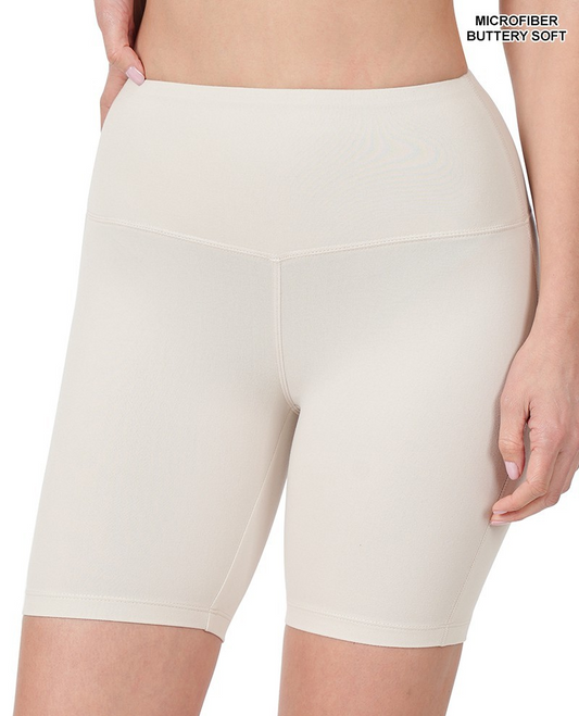 Microfiber Wide Waistband Biker Shorts-Bone