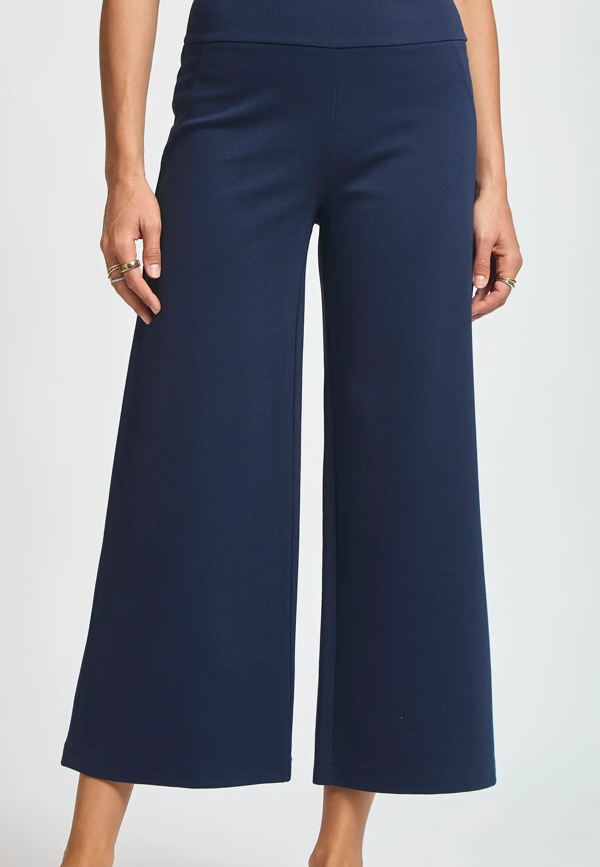 Navy cropped wide leg pants with pull-on waistband, shown on model