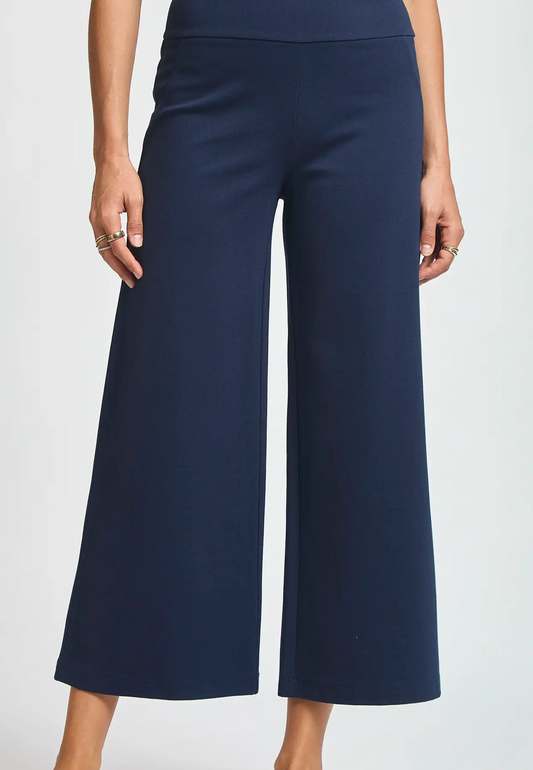 Navy cropped wide leg pants with pull-on waistband, shown on model