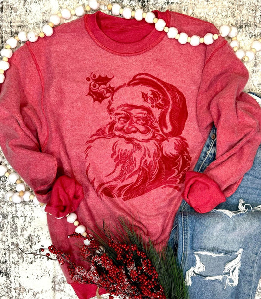 Inside/out fleece crewneck sweatshirt with vintage-style Santa graphic, relaxed fit, and cozy textured fabric in a festive holiday design.