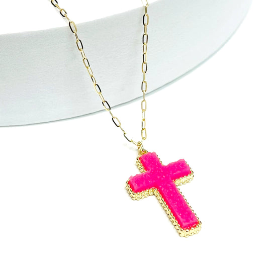 Faithfully Bold Cross Necklace- Hot Pink