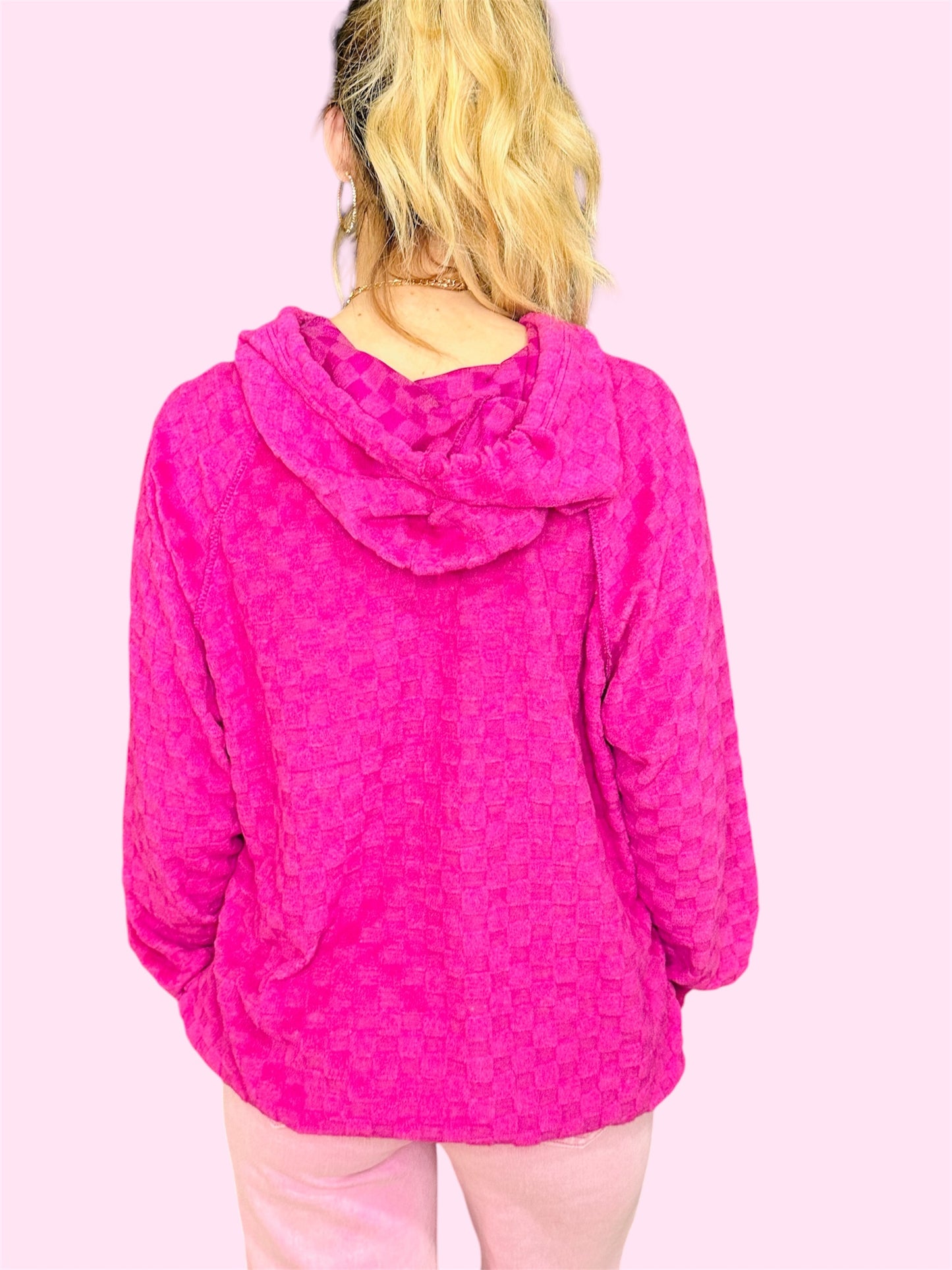 Brushed Checkered Knit Hoodie-Magenta