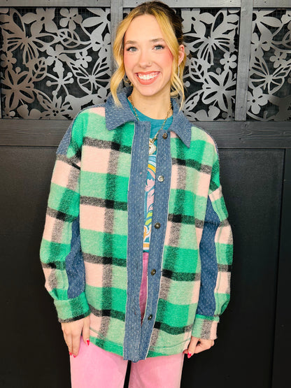 Plaid Shacket w/Denim Contrast-Green