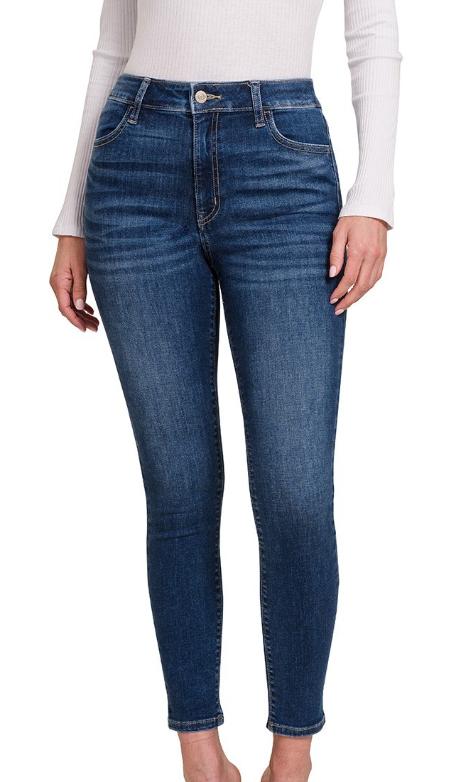 Zenana skinny jeans in a dark wash with stretch and ankle-length inseam.