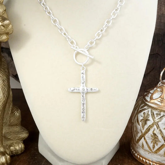 Hammered Cross Toggle Necklace- Silver