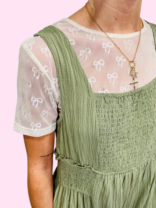Ribbon Embroidered Mesh Top- Cream
