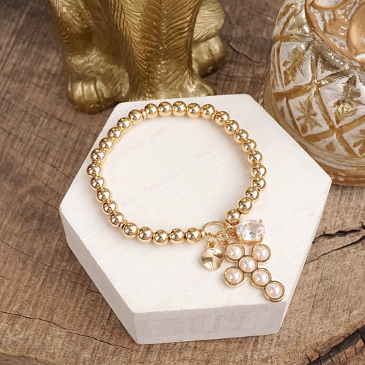 Gold Beaded Cross Charm Bracelet