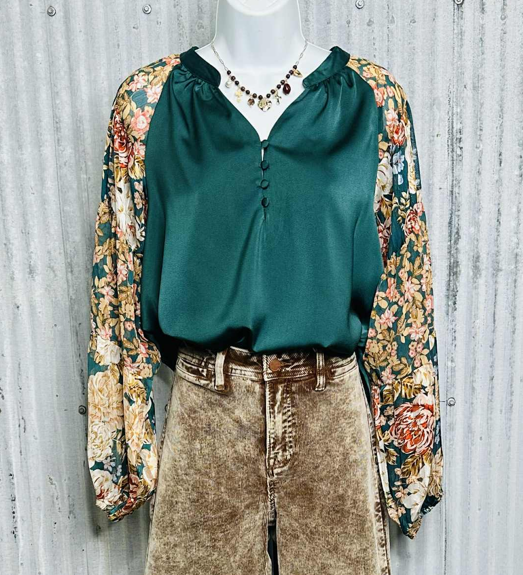 Hunter Green Top w/Contrast Floral Sleeves