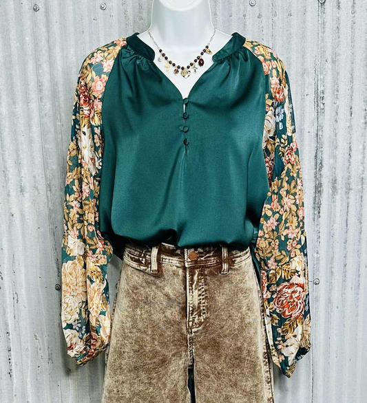 Hunter Green Top w/Contrast Floral Sleeves