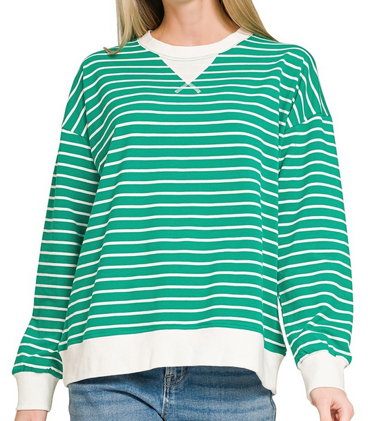 Striped Cotton Blend Pullover-K. Green