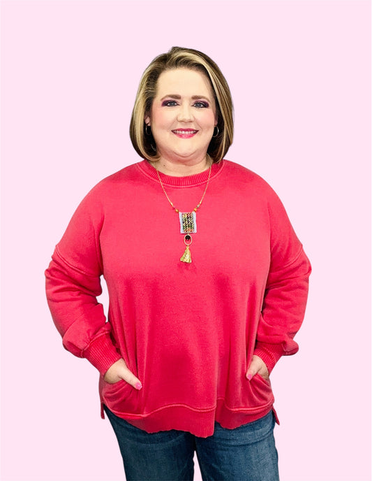 Red Pigment-Dyed Hi-Low Sweatshirt