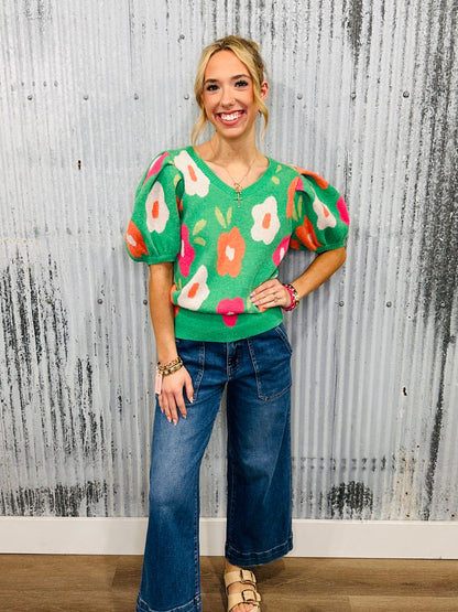 Petal Pop Puff Sleeve Sweater-Emerald