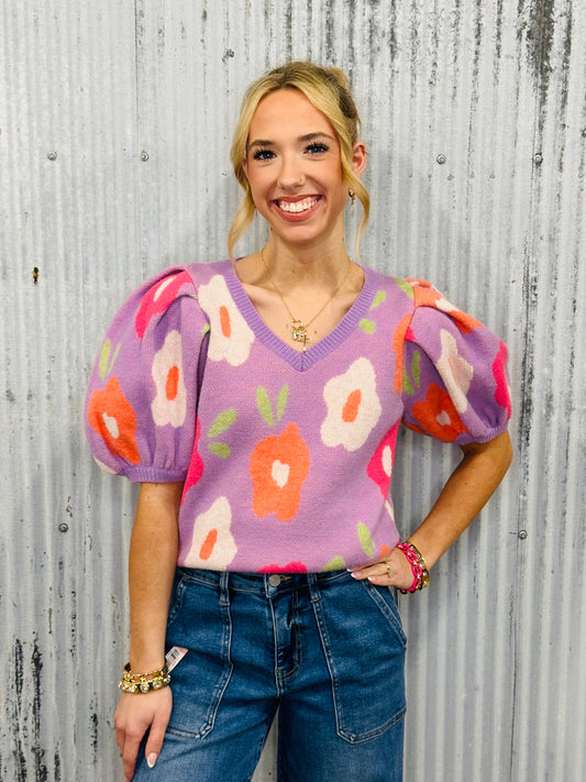 Petal Pop Puff Sleeve Sweater-Lavender