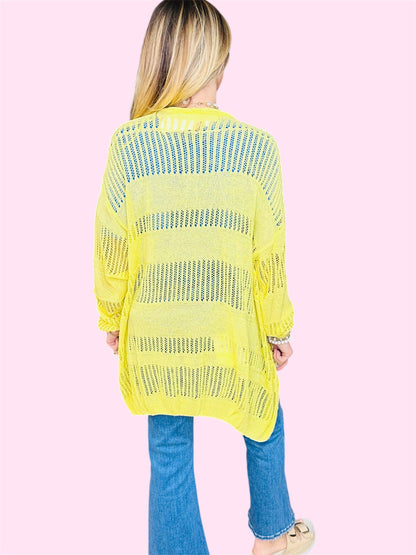 Lightweight Open Weave Sweater Cardigan-Yellow