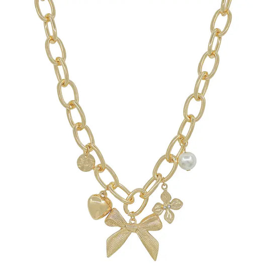 Gold Charm Bow Chain Necklace