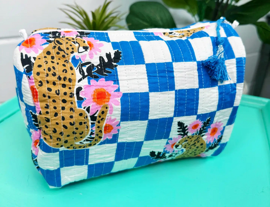 Blue Jaguar Checkered Quilted Cosmetic Bag