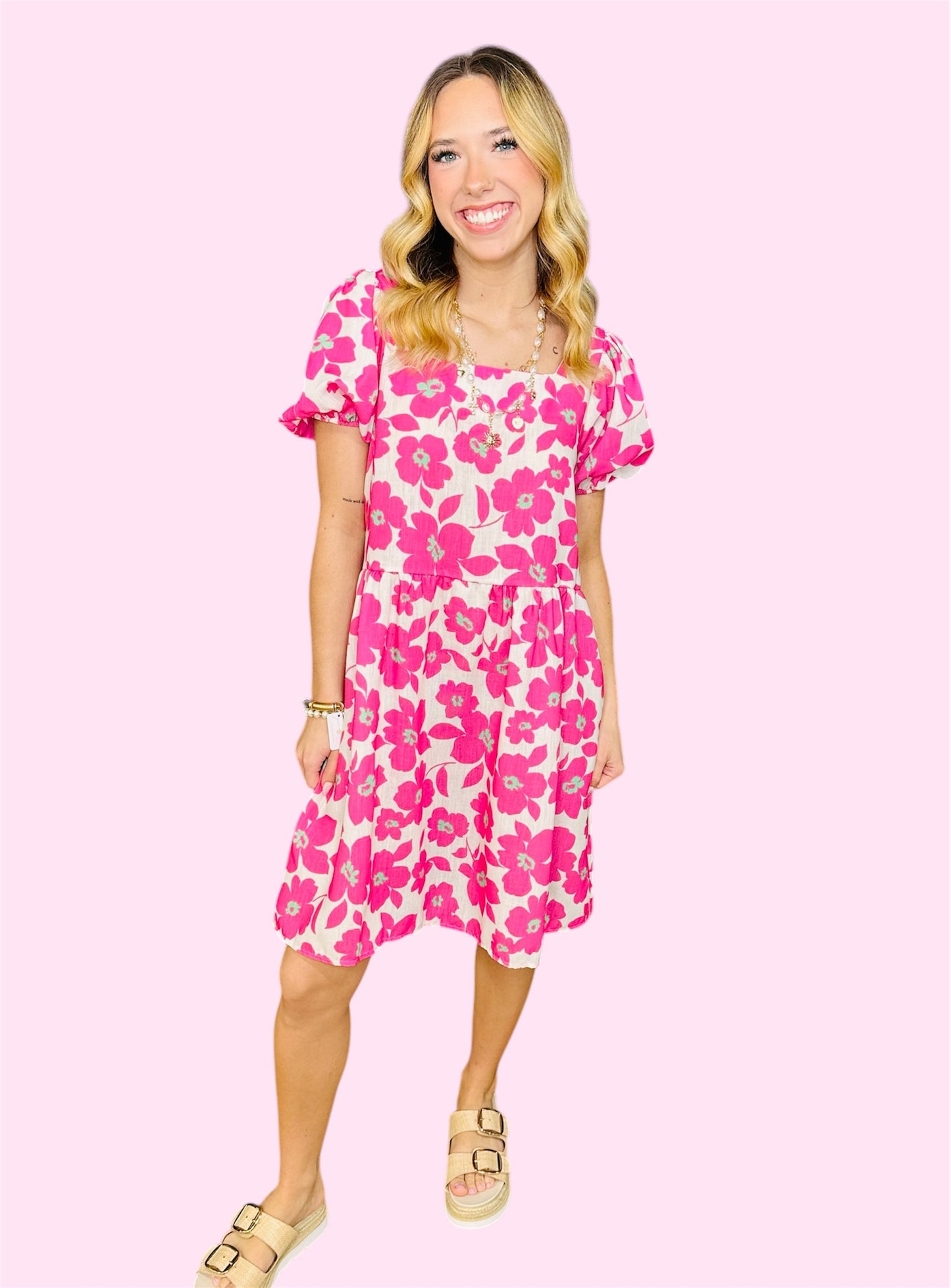 Floral Linen Balloon Sleeve Dress