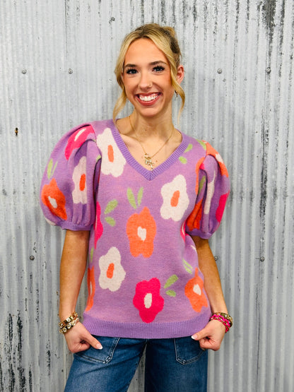 Petal Pop Puff Sleeve Sweater-Lavender