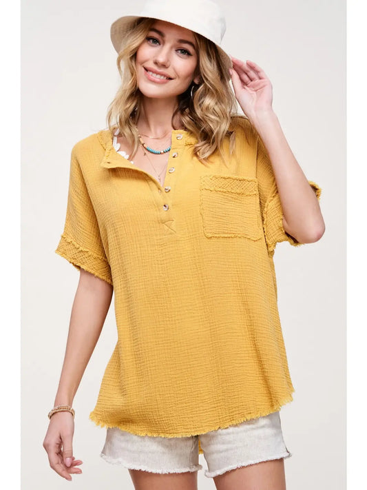 Mustard Gauze Henley Pocket Top