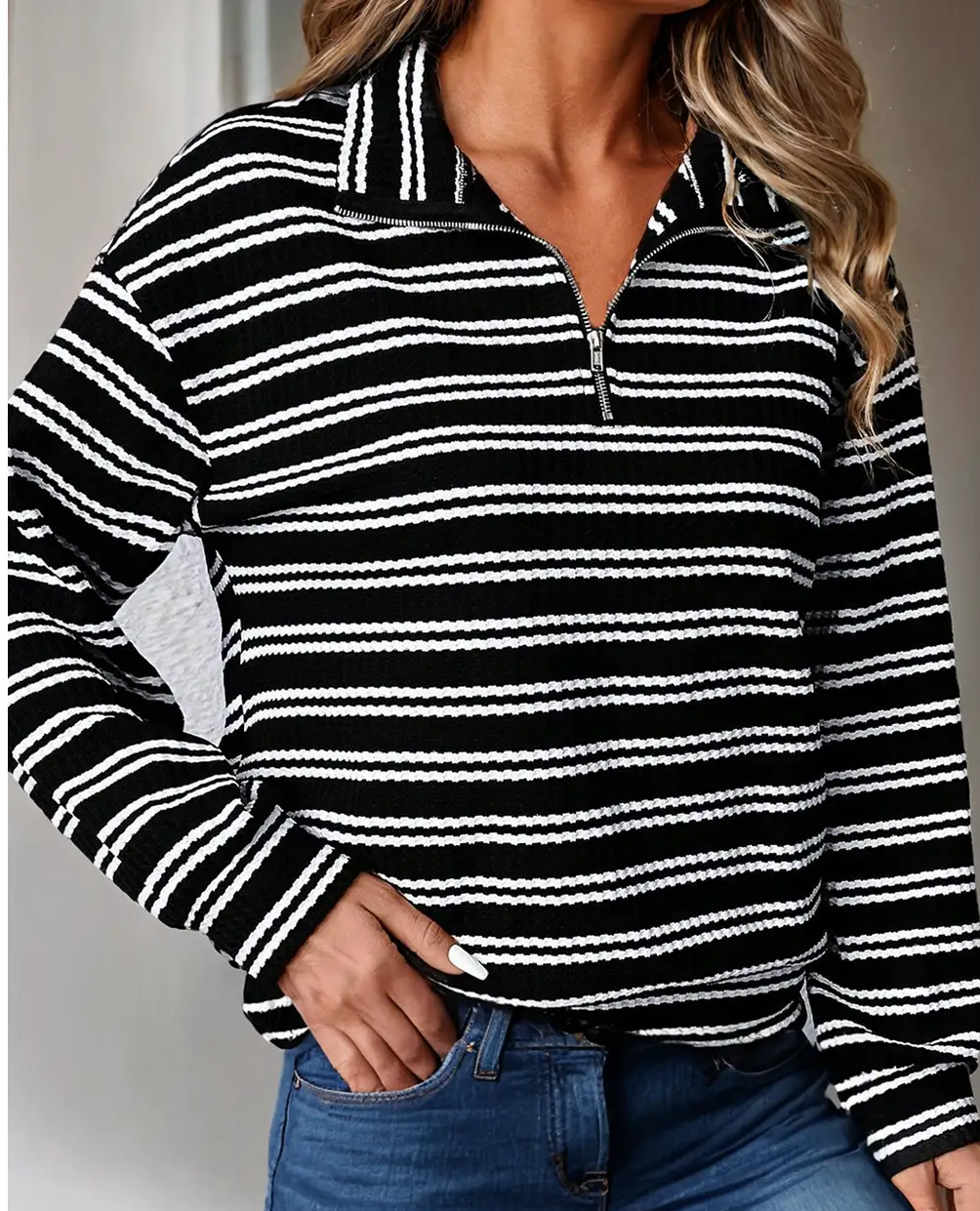 Black & White Stripe Textured Quarter Zip Top