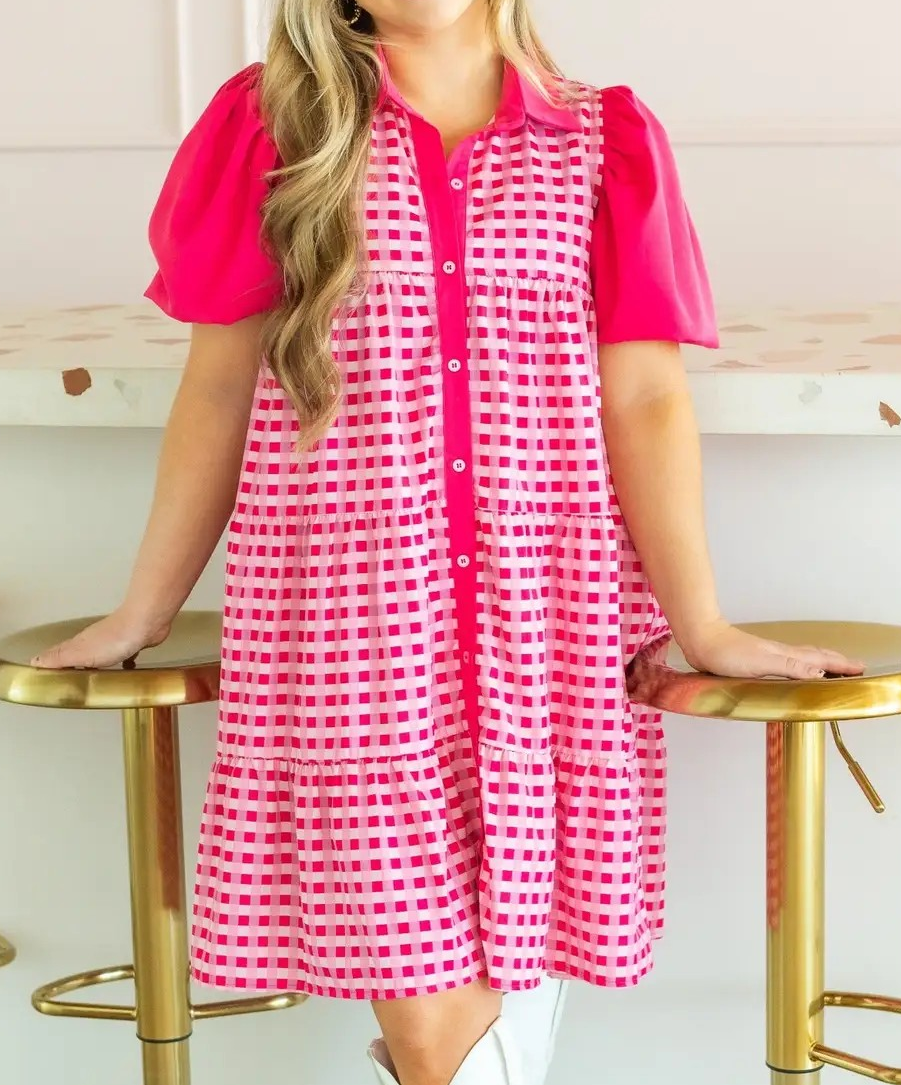 Pink Gingham Button Up Dress