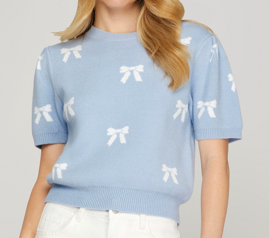 Puff Short Sleeve Bow Pattern Sweater