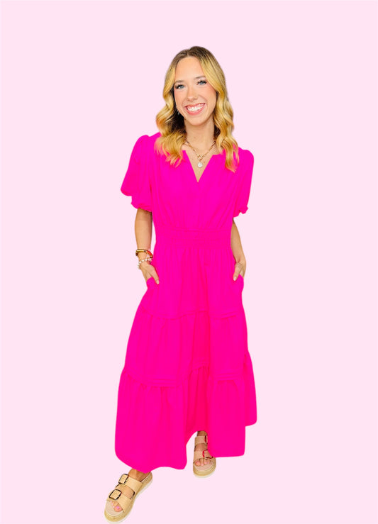 Hot Pink Tiered Midi Dress