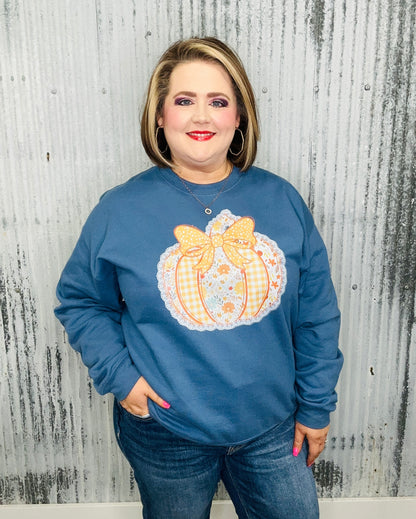 Fall Patchwork Pumpkin Bow Sweatshirt
