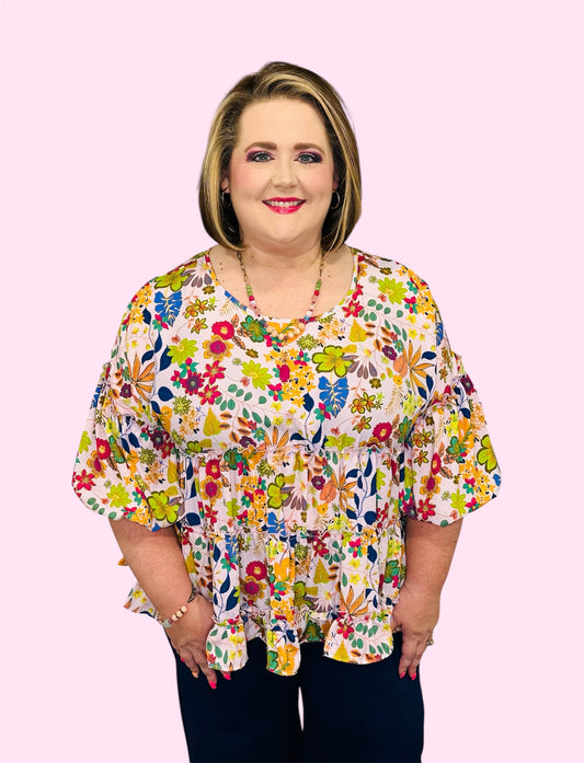 Vibrant Floral Ruffle Tiered Top
