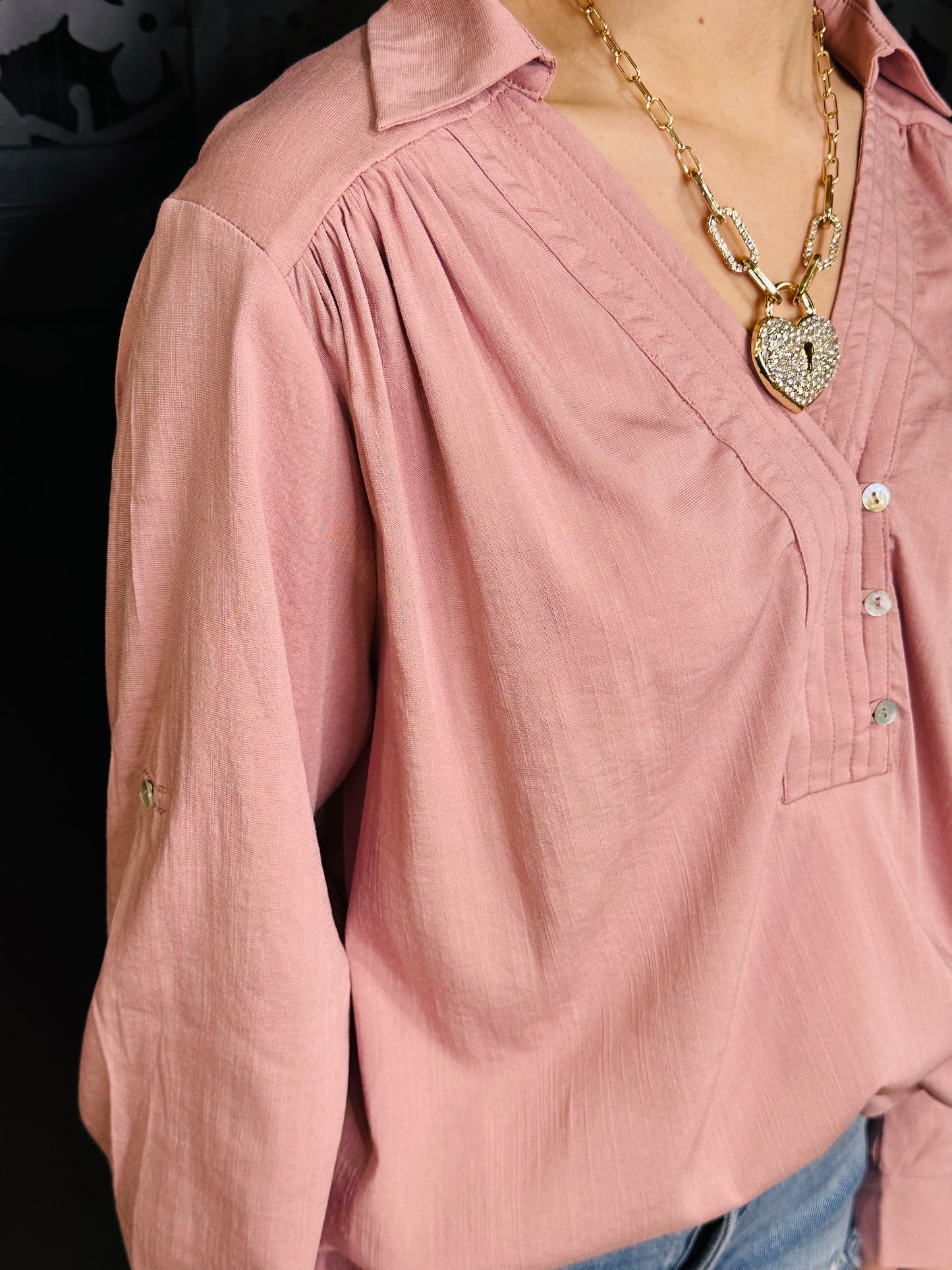 Button Up Collared V-Neck Top