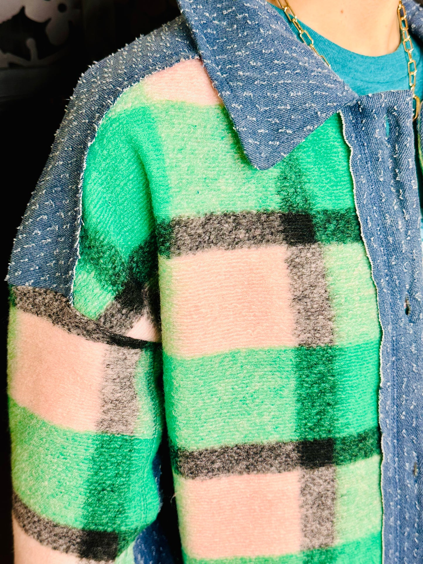 Plaid Shacket w/Denim Contrast-Green