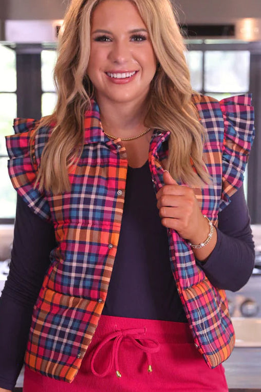 Ruffled Plaid Puffer Vest