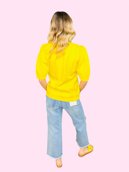 Knitted Short Sleeve Sweater-Lemon