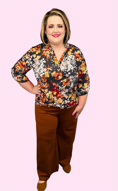 Autumn Bloom Roll-Up Sleeve Top