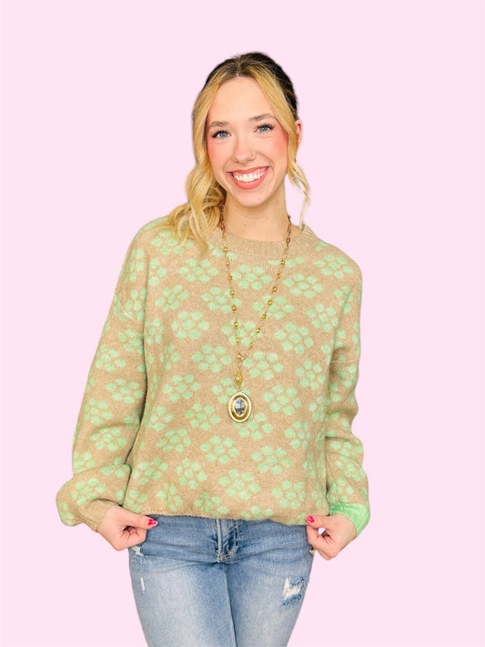 Loose Fit Floral Pattern Sweater-Khaki/Mint