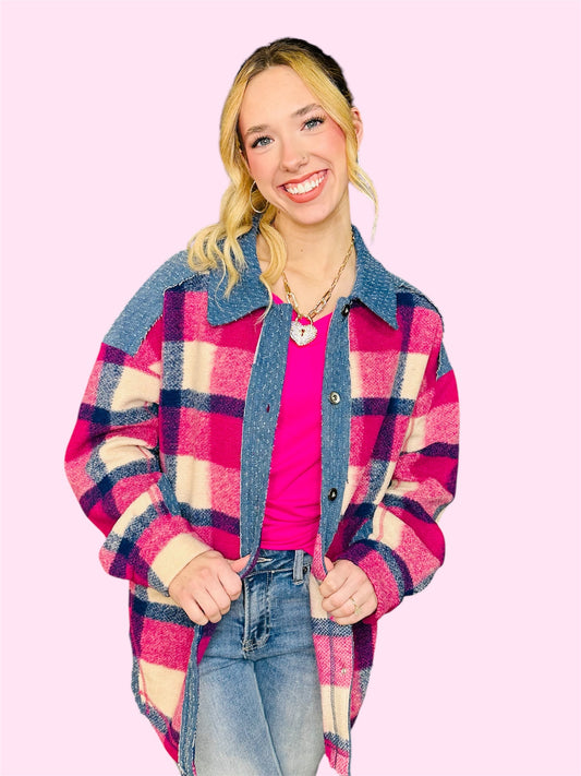 Plaid Shacket w/Denim Contrast-Pink