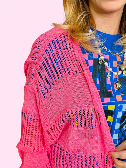 Lightweight Open Weave Sweater Cardigan-Pink