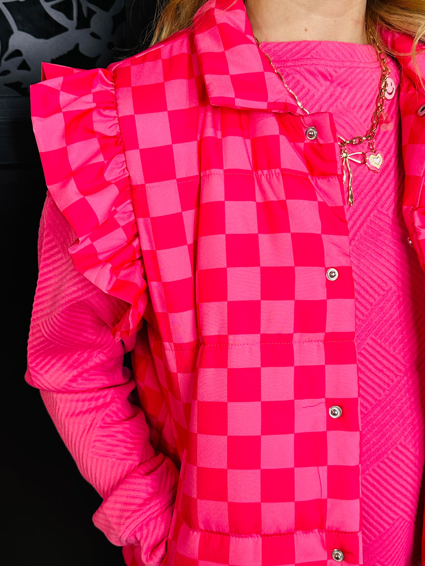 Pink Checkered Puffer Vest