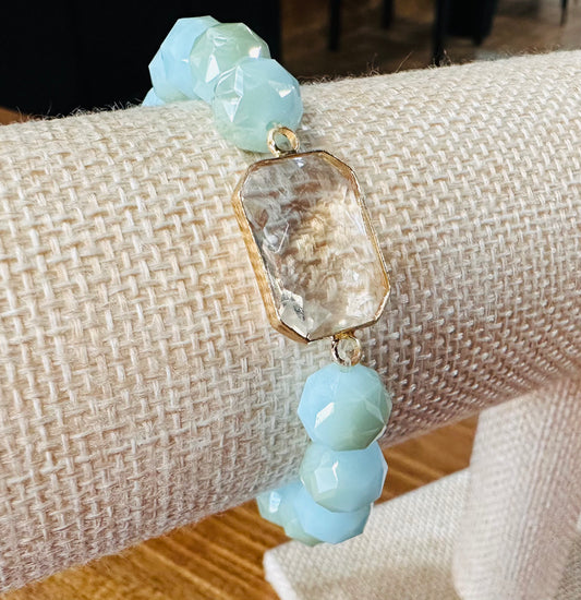 Aqua Faceted Bead Bracelet with Clear Crystal Accent