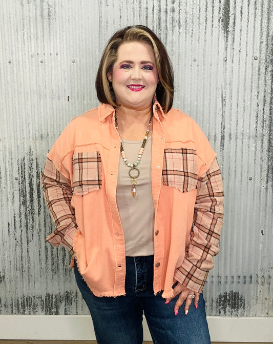 Acid Washed Twill Shacket With Plaid Sleeves