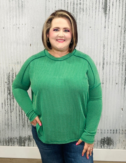 Dark Green Ribbed Long Sleeve Top