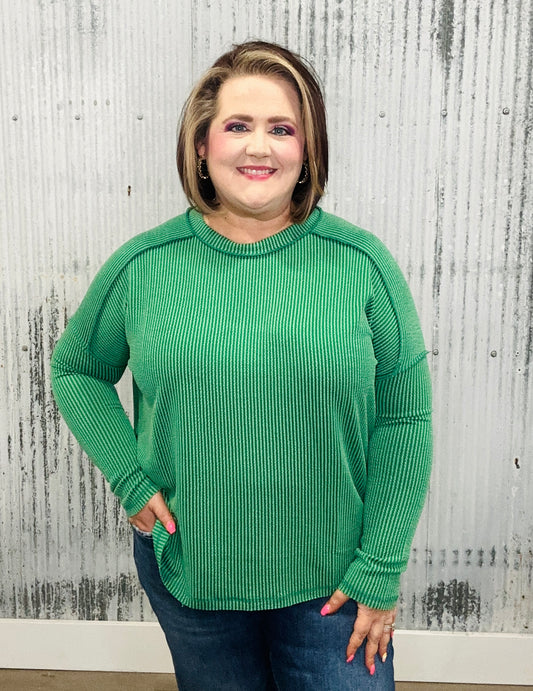 Dark Green Ribbed Long Sleeve Top