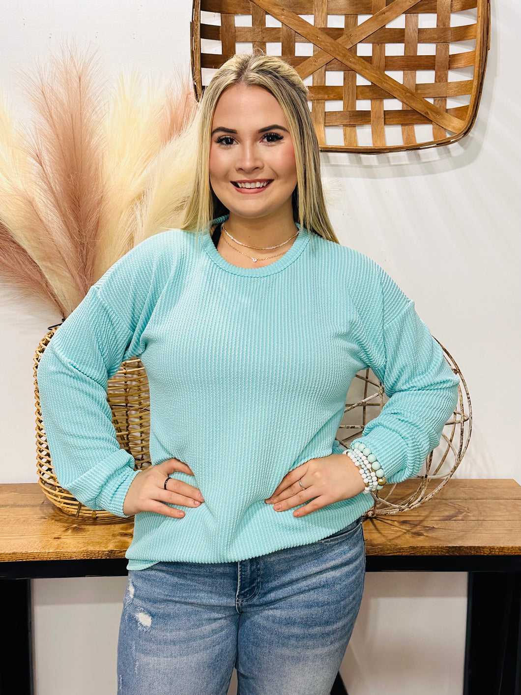 Puff Sleeve Ribbed Top- Mint