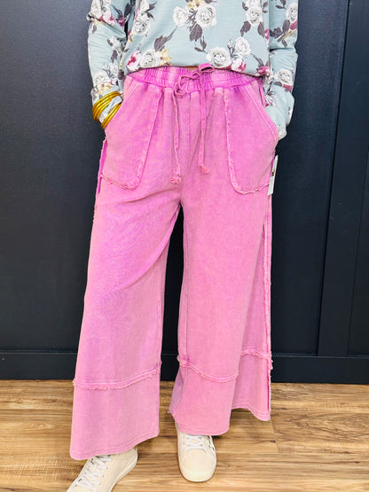 Mineral Washed Wide Leg Palazzo Pants- Berry